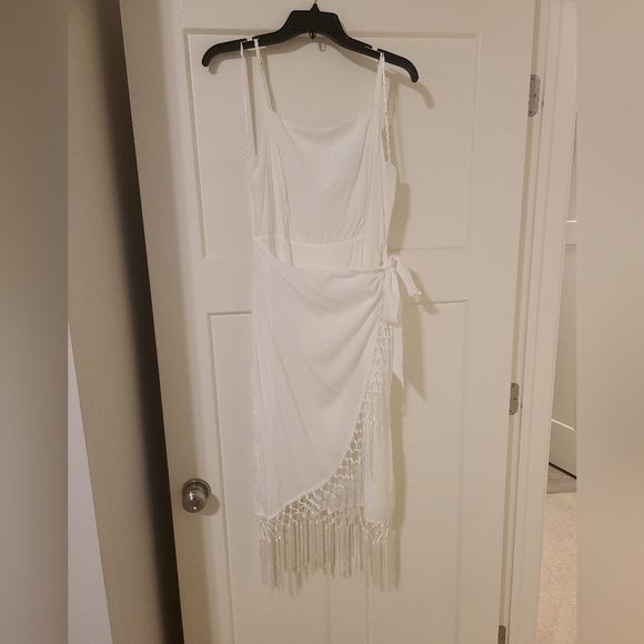 LuLus white faux wrap fringe midi beginning of bliss - Picture 3 of 4